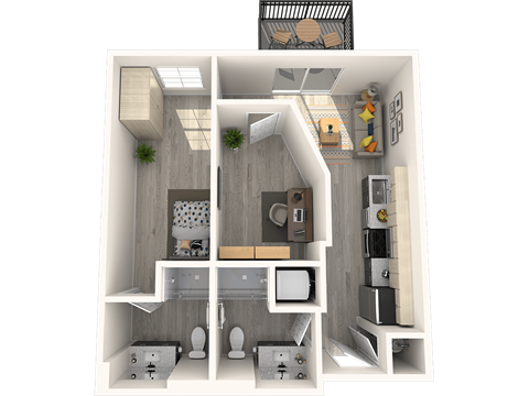Floor plan for 1 bed, 2 baths, 603 sqft